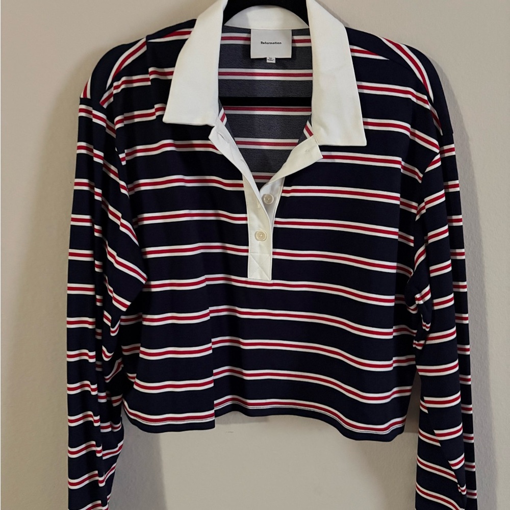 Reformation Navy Striped Cropped Polo